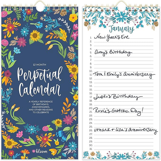 bloom daily planners Perpetual Hanging Flip Calendar - 5” x 10” - Monthly Wall Organizer Notepad for Important Dates, Birthdays, Anniversaries - Seasonal Florals