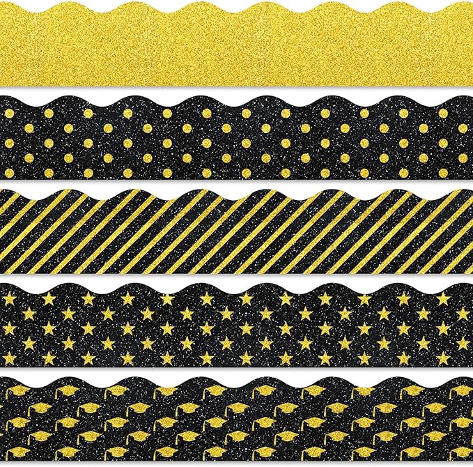 Whaline 69Ft Graduation Bulletin Board Borders Glitter Black Gold Graduation Cap Star Stripe Scalloped Bulletin Board Trim Border for School Classroom Office Desk Window Chalkboard Party Supplies