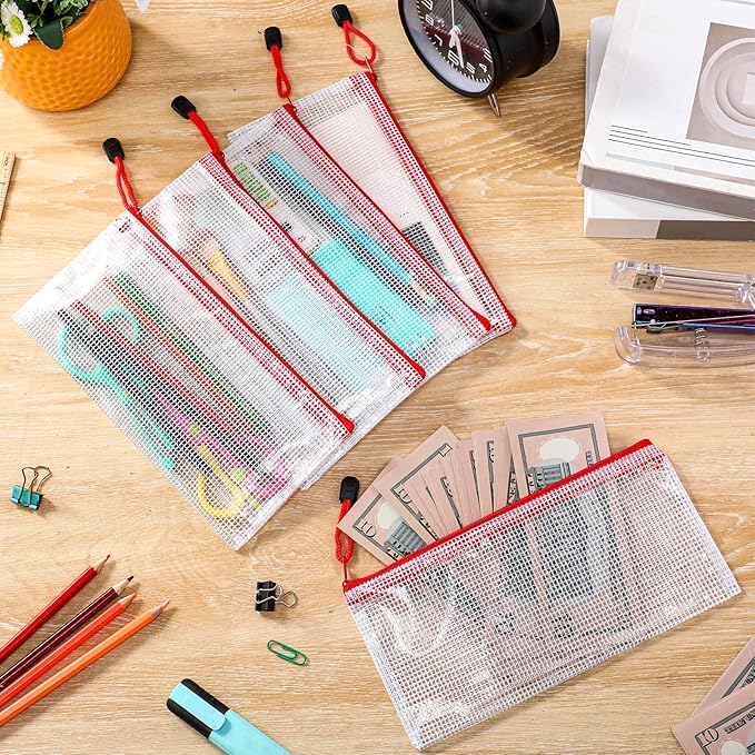Sherr 120 Pcs Mesh Zipper Pouch A6 Pencil Pouches Bulk Small Clear Mesh Bags with Zipper 9.45'' x 4.53'' Waterproof File Bag Pencil Case for School Office Travel Organization(Red)