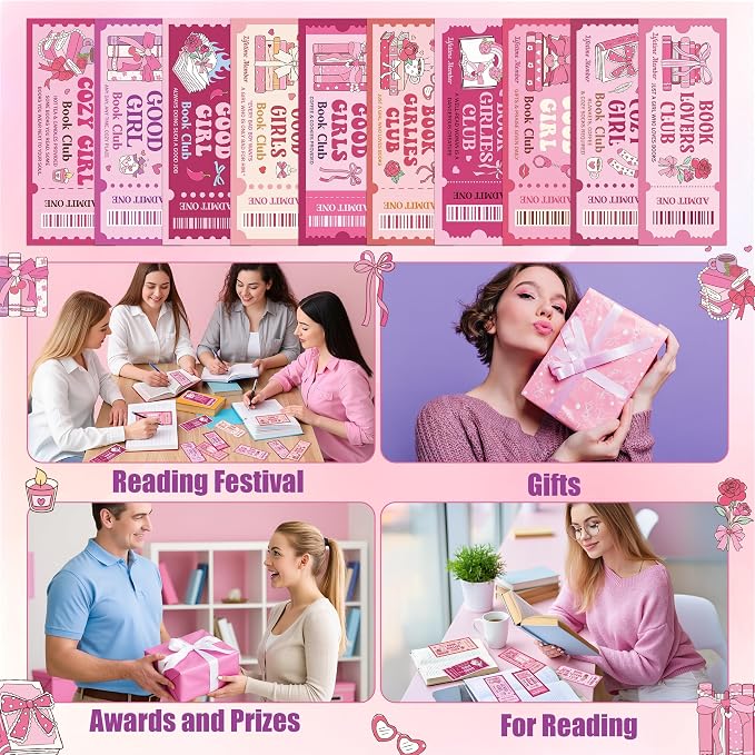 Laffact Pink Bow Reading Bookmarks - 120Pcs Cute Cozy Girl Ticket Style Book Club Gifts, Library Bookish Books Page Marker, Readers Accessories Reading Tracker for Book Lover Bookish Romance Reader