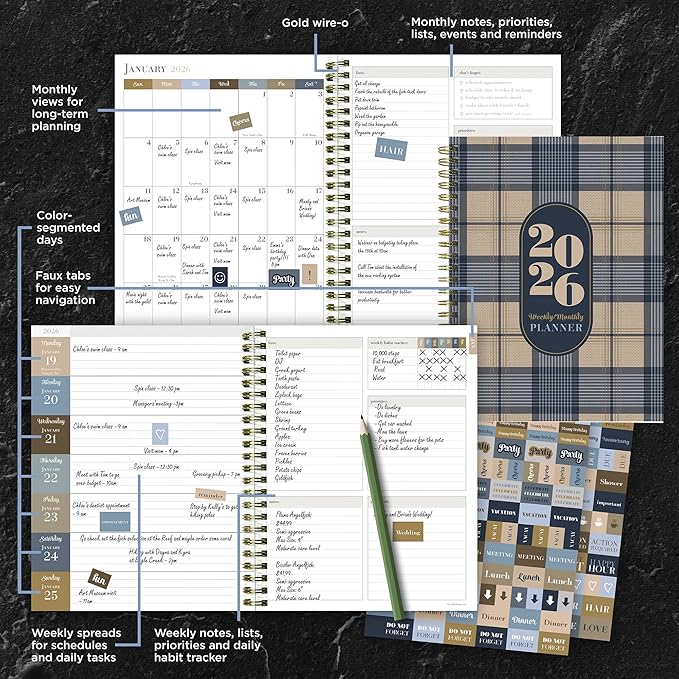 TF Publishing 2026 Classic Plaid Medium Weekly Monthly Planner with 12-Month Calendar Grid, Notes, and Priorities Section - Weekly Schedule Planner with Habit Tracker and Stickers - 6.5in x 8in