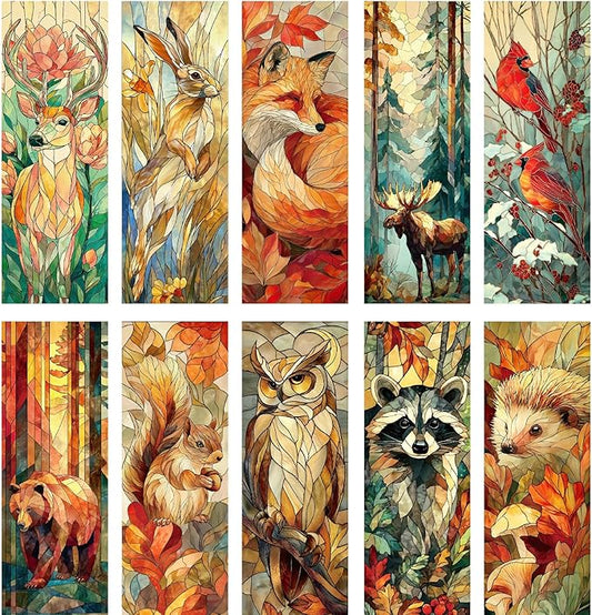 Cute Animals Bookmark Gifts - 10 Pcs Fantasy Woodland Stained Glass Bookmarks for Women Men Book Lovers Students Pretty Page Marks School Reading Accessories Bookish Birthday Graduation Gift