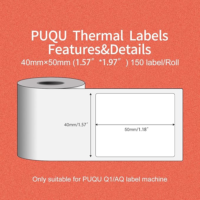 PUQU 40x50mm Direct Thermal Sticker Labels, Self-Adhesive All-Purpose Label Maker Tape, Compatible with AQ/Q1 Series Label Printer, Refills Standard Laminated Office Labeling, 1 Rolls of 150 Labels