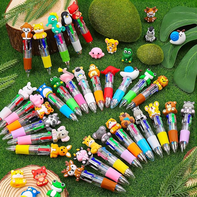 30Pcs Animals Mini Multicolor Pen in One 4-in-1 Cute Pens Bulk, Ballpoint Pens for Birthdays Parties, Fun Pens Gifts Assorted Ink Kawaii Pen