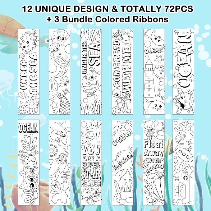 Haooryx Sea Animal Color Your Own Bookmarks - 72Pcs Kids Coloring Blank Bookmarks Creative DIY Book Marker Paper Art Craft Supplies Teachers Students Rewards Reading Enthusiasts Summer Birthday Gifts