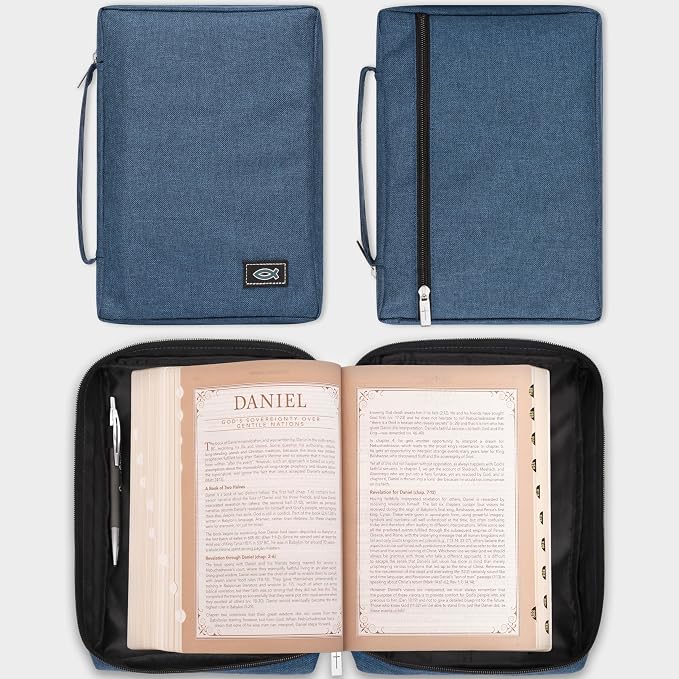 Christian Art Gifts Men/Women's Bible Cover Jesus Fish, Blue Canvas, Medium