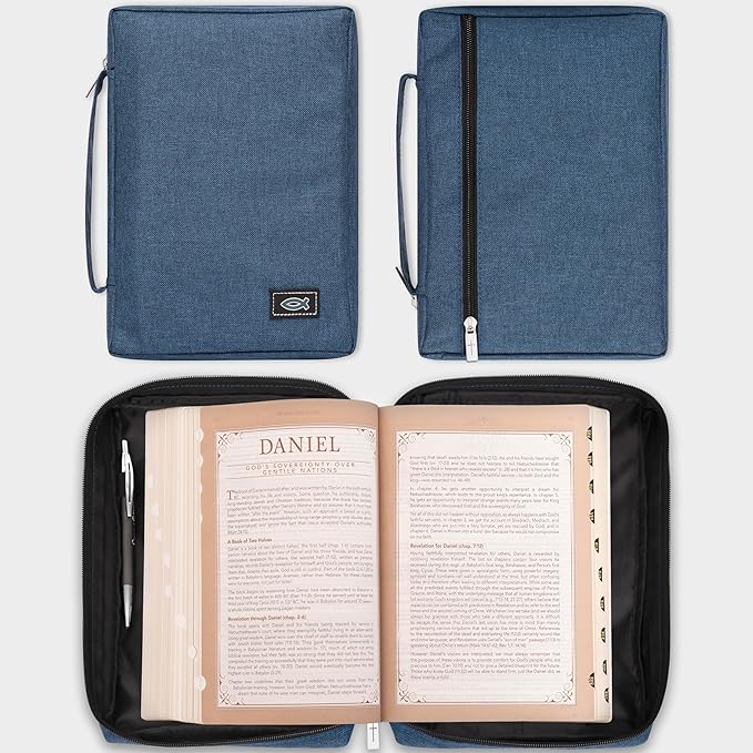 Christian Art Gifts Men/Women's Bible Cover Jesus Fish, Blue Canvas, Small