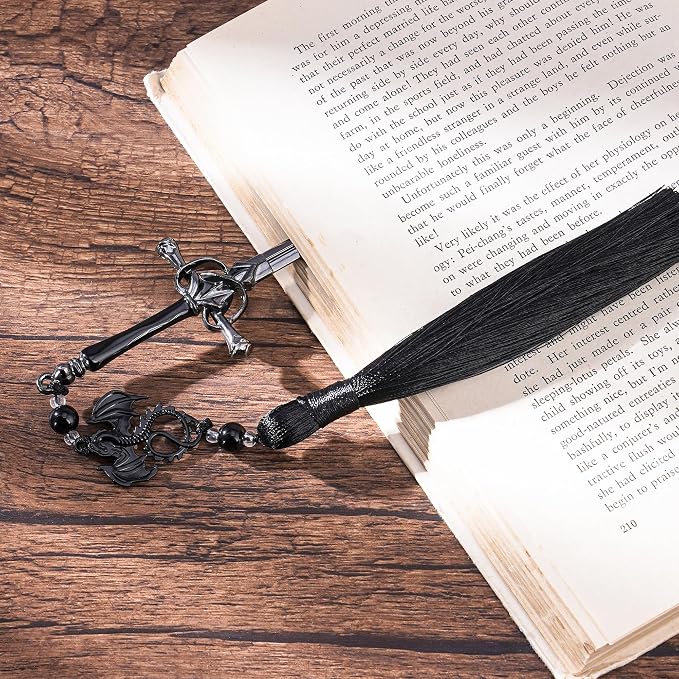 Fantasy Dragon Sword Bookmarks - Cool Fourth Wing Book Mark Gifts Reading Men Merch with Black Tassels Metal Page Markers Book Lovers Novel Fans Boy Bookish Student Teacher Birthday School