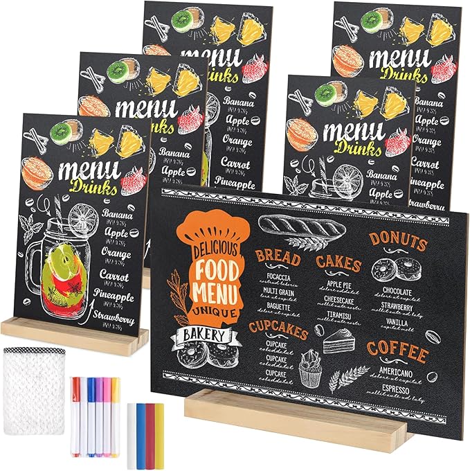 6 Packs 8 x 12 Inch Tabletop Chalkboard Sign With Wood Base Double-Sided Message Boards Menu Stand for Kitchen Wedding Bar and Restaurant, Black-6