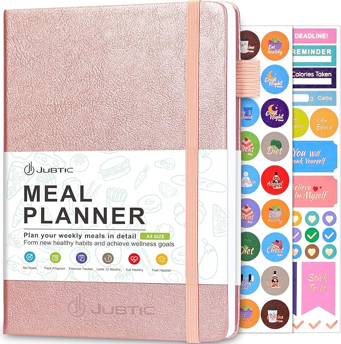 JUBTIC Weekly Meal Planner Notebook, Food Journal for Women Weight Loss, Fitness Journal, Daily Meal Prep Journal with Shopping and Grocery Lists for Food Planning, Healthy Diet or Weight Loss Tracking, Last 1 Year,Undated, A5, Rose Gold