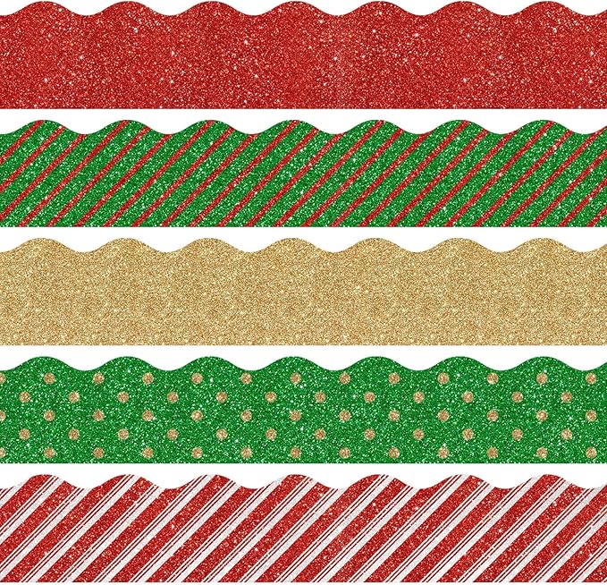Whaline 69Ft Christmas Glitter Bulletin Board Borders 5 Designs Shine Stripe Dot Red Green Gold Merry Christmas Decoration Trim Bulletin Board Stickers for School Classroom Office Party Decoration