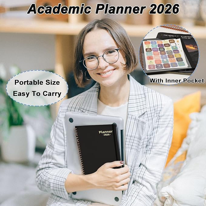 Daily Planner 2026, 2026 Planner Weekly and Monthly, Jan 2026-Dec 2026, 6.2" x 8.4", Agenda Day Planner with Tabs & Pocket, 100GSM Thick Paper, Black