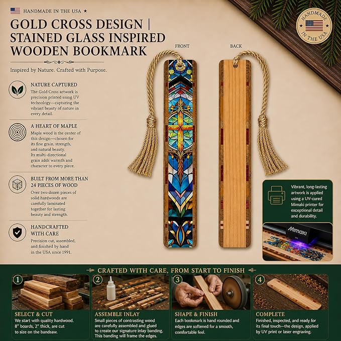 Gold Cross Personalized Wooden Bookmark | Stained Glass Inspired Christian Cross Design | Custom Engraved Religious Gift for Christians, Pastors & Church Members | Handmade in the USA