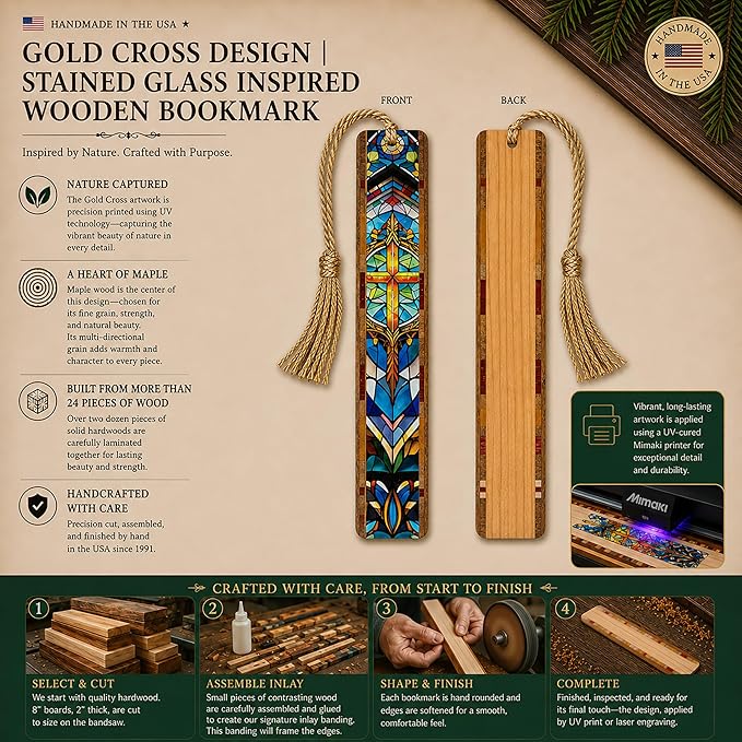 Gold Cross Wooden Bookmark | Stained Glass Inspired Christian Cross Design | Religious Bookmark Gift for Christians, Pastors & Church Members | Handmade in the USA