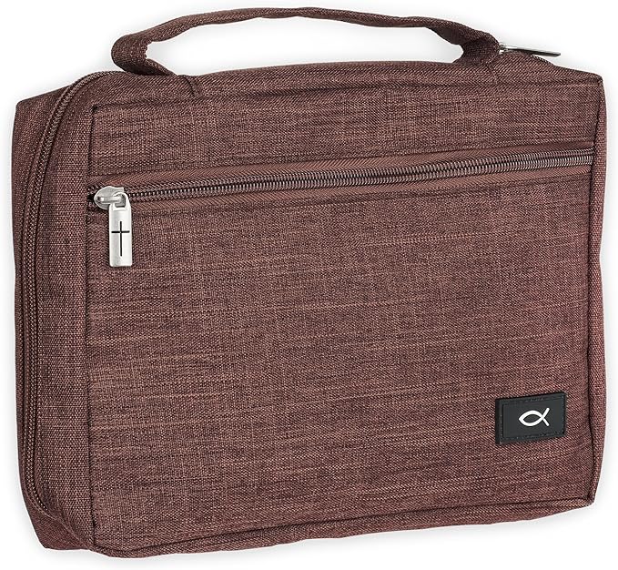 Christian Art Gifts Polyester Bible Cover for Men & Women w/Jesus Fish Patch, Secure Zipper Pocket, Pen Loops, Easy Carry Book Case for Stationery, Accessories, Brown, Large