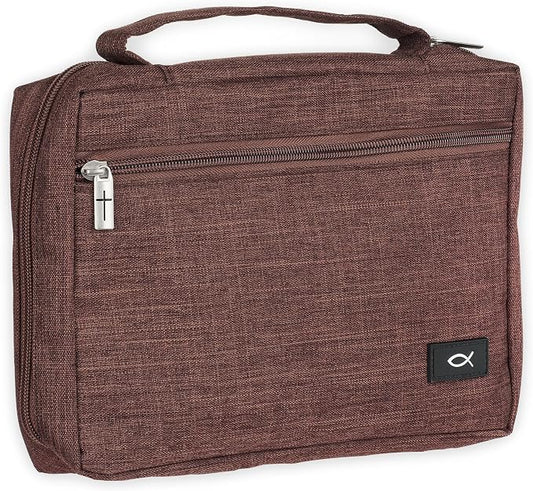 Christian Art Gifts Polyester Bible Cover for Men & Women w/Jesus Fish Patch, Secure Zipper Pocket, Pen Loops, Easy Carry Book Case for Stationery, Accessories, Brown, XL