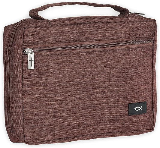Christian Art Gifts Polyester Bible Cover for Men & Women w/Jesus Fish Patch, Secure Zipper Pocket, Pen Loops, Easy Carry Book Case for Stationery, Accessories, Brown, Large
