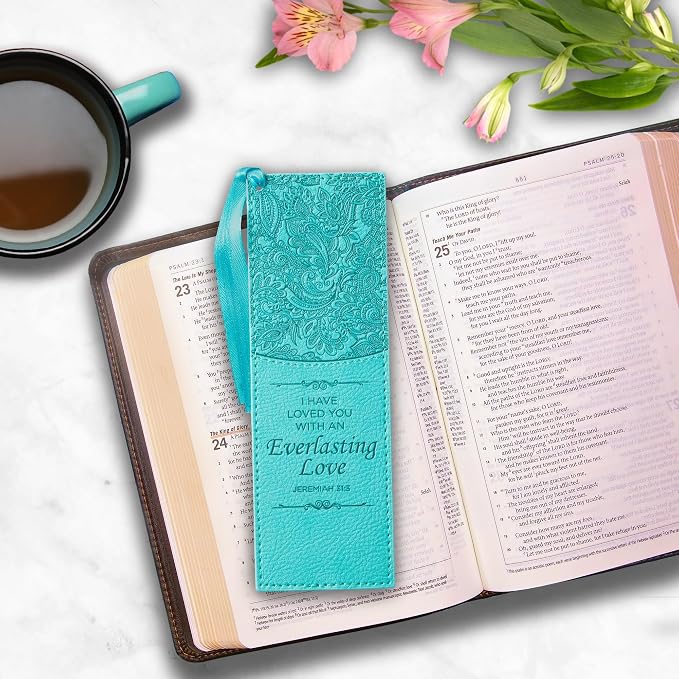 Christian Art Gifts Premium Vegan Leather Scripture Bookmark for Men & Women: Everlasting Love - Jeremiah 31:3 Inspirational Bible Verse, Heat-Debossed, Faith-Based Reading Accessory w/Tassel, Teal