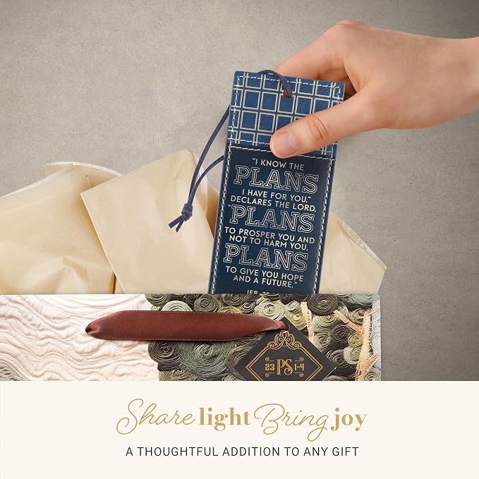 Christian Art Gifts Premium Vegan Leather Encouraging Scripture Bookmark for Graduates: I Know the Plans Inspriational Scripture, Sturdy Cord, Durable Book Reading Accessory, Navy Blue & Gold Plaid