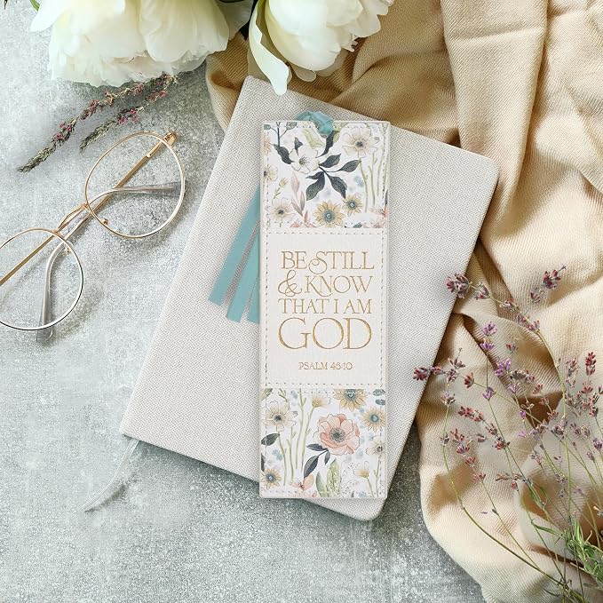 Christian Art Gifts Premium Inspirational Vegan Leather Scripture Bookmark for Women: Be Still & Know Encouraging Gold Bible Verse, Blue Satin Ribbon, Reading, Marking Pages, White Multicolor Floral
