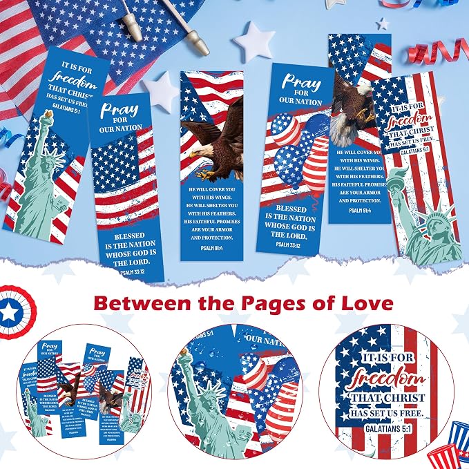 TICIAGA 250th Anniversary American Flag Bible Verses Bookmarks - 60PCS Independence Day USA Stars and Stripes Prayer Bookmark for Kid Psalm 33:12 Religious Christian Church Giveaways for Sunday School