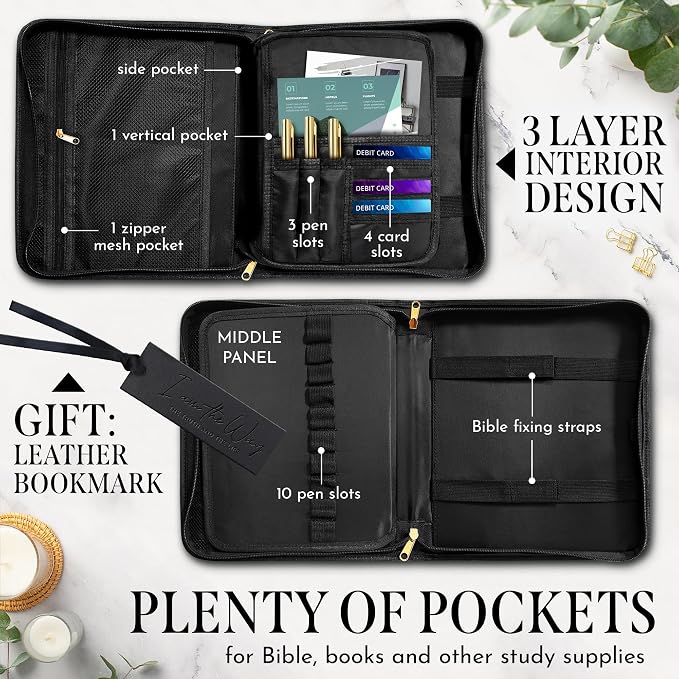 Premium Black PU Leather Bible Case with Embossed Scripture9.5¨x11.8– “I Am The Way, The Truth and The Life”- Matte Finish, 3Layer Construction, Detachable Strap, Matching Bookmark with Ribbon