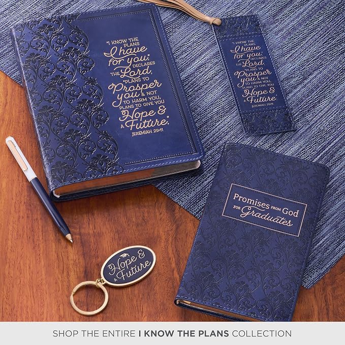 Christian Art Gifts Navy Blue & Gold Premium Vegan Leather Scripture Bookmark for Women: I Know the Plans - Jer. 29:11 Inspirational Bible Verse w/Dark Golden Satin Ribbon & Debossed Floral Design