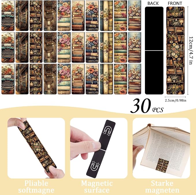 Vintage Magnetic Bookmarks Gifts - 30 PCs Retro Floral Books Aesthetic Bulk Book Marks for Reading Lovers Aesthetic Page Markers for Women Kids Girls Teachers Students School Accessories