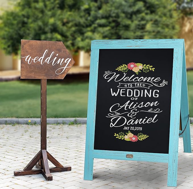 A Frame Chalkboard by HBCY Creations: 20x30 Solid Wood A-Frame Sign Robin Blue Double-Sided Magnetic Board, Chalkboard Menu Board, for Restaurants, Cafés, Weddings - Heavy Duty Hinges