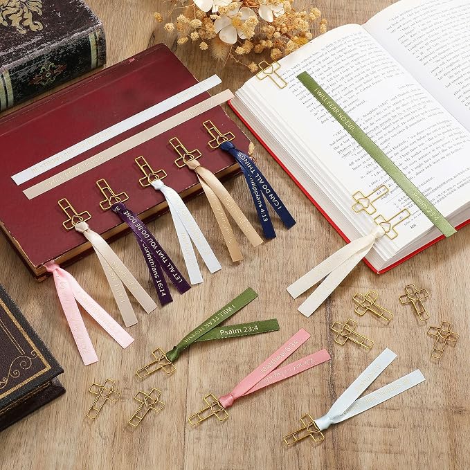 Resurhang 80 Pack Heart Cross Paper Clips with Ribbons 40 Gold Bible Paper Clips 40 Christian Bookmark Ribbons Bible Study Journaling Supplies Easter Eggs Fillers Women Christian Gifts