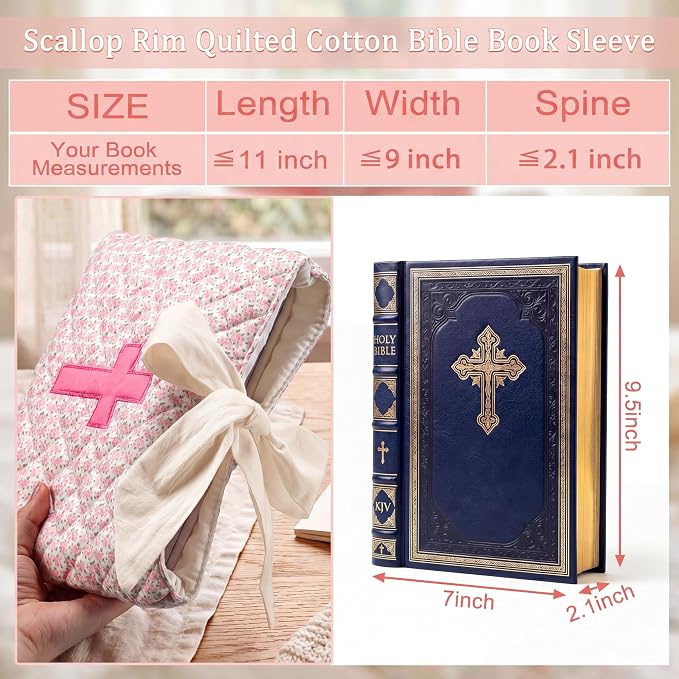 Honoson Quilted Bow Bible Sleeve Cover Case Padded Protector Washable Bible Bag Pouch Christian Gift for Women Girls Book Lover Gifts(Pink Floral Cross)