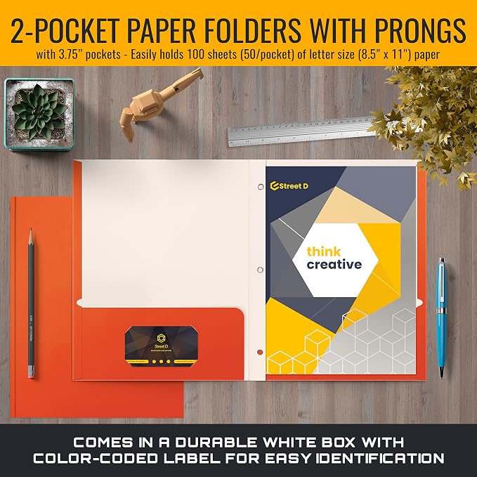 Better Office Products Orange Paper 2 Pocket Folders with Prongs, 50 Pack, Matte Texture, Letter Size Paper Folders, 50 Pack, with 3 Metal Prong Fastener Clips, Orange