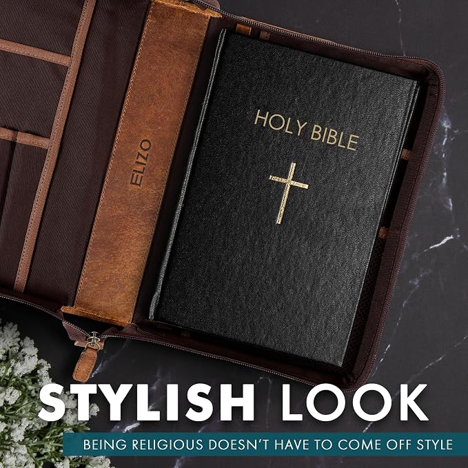 ELIZO Leather Bible Cover Bible Case for Men Women Genuine Leather Bible Bag Holder Cross Large Carrying with Zipper Case Protector Christian Religious Gifts for Mens Pioneer Saddle Green Study/Large