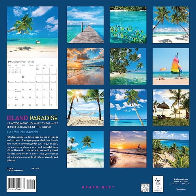 Graphique 2026 Island Paradise Wall Calendar | 12” x 12” | Thick Paper | Home & Office Organizer | Large Monthly Grid | 3 Languages & Marked Holidays | 4 Month Preview Page for 2027