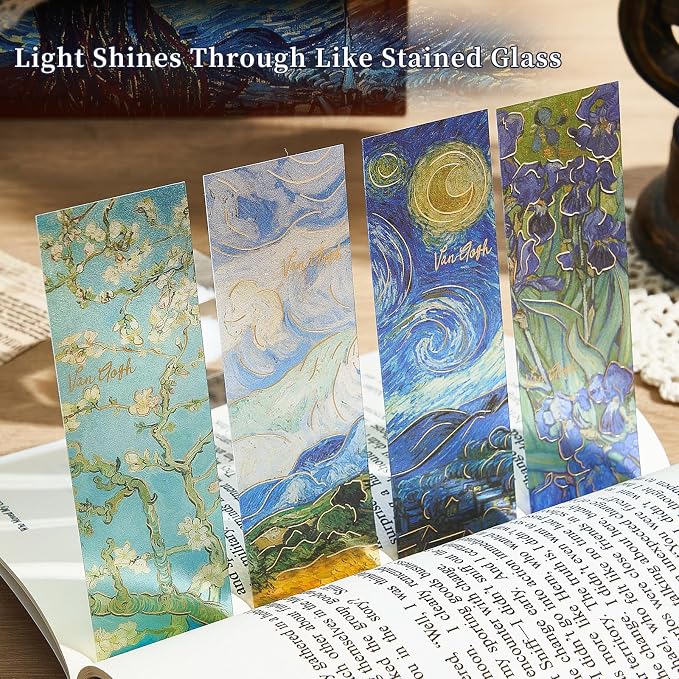 4PCS Fantasy Bookmarks, 5" × 1.5" Gold Foil PVC Book Marker, Van Gogh Inspired Bookish Gifts for Book Lovers