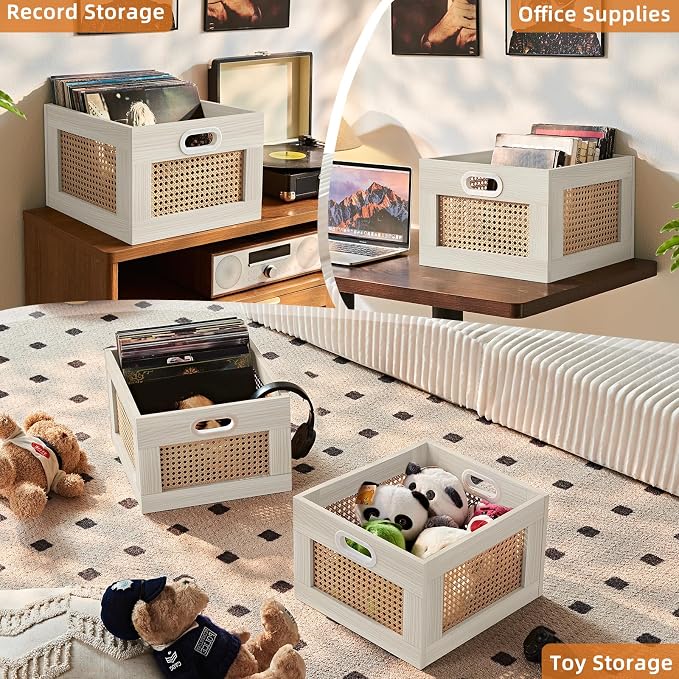 LELELINKY Vinyl Record Storage Crate, Rattan Vinyl Record Holder with Handle, Wood Record Crate for Vinyls Holder up to 75 LP's, Desktop Cube Album Storage for Vinyls Records(Grey White)