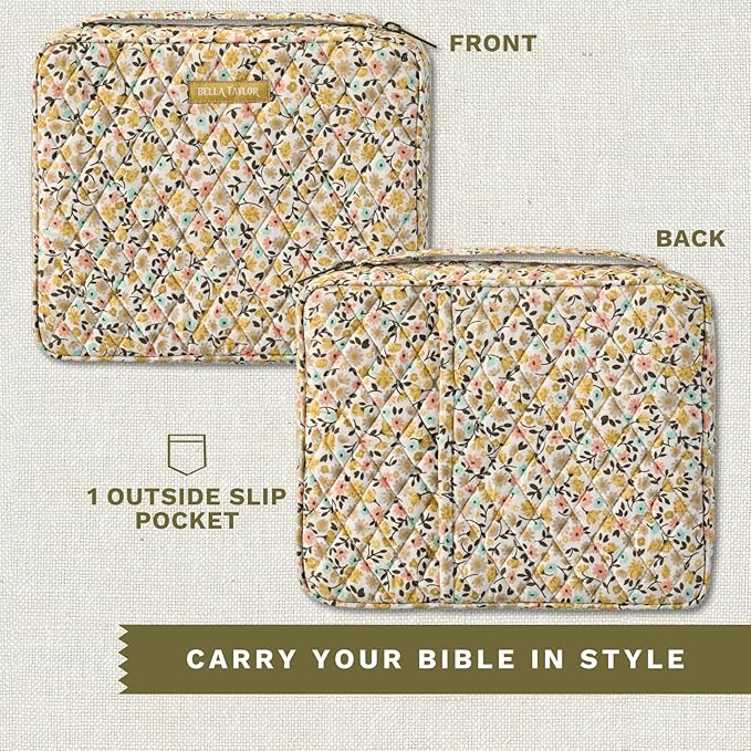 Bella Taylor Quilted Bible Cover for Women, Cotton Fabric Bible Case for Medium and Large Study Bibles, Prairie Meadow