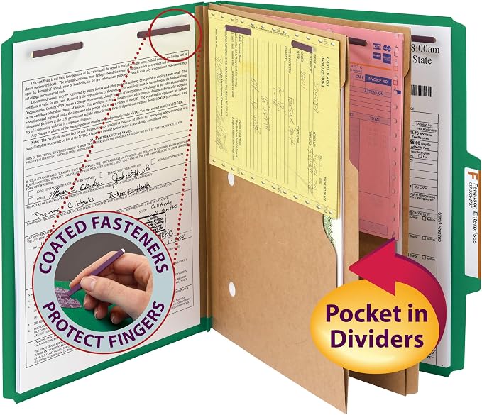 Smead Pressboard Classification File Folder with SafeSHIELD Fasteners, 2 Pocket Dividers, 2" Expansion, Letter Size, Green, 10 per Box (14083)