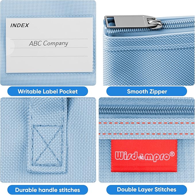 Wisdompro Waterproof Zipper Pouch, Large Mesh File Bag with Handle, Durable Triple Pocket Document Storage for Cross Stitch, Puzzle Project, Travel and Office - Blue