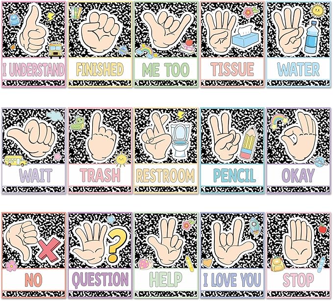 MotiMind 15 Pcs Classroom Hand Signal Cards Signal with Adhesive Tapes Decor Classroom Learning Bulletin Board Hand Signals Language Posters for Teachers Students Visual Cues(Composition Notebook)