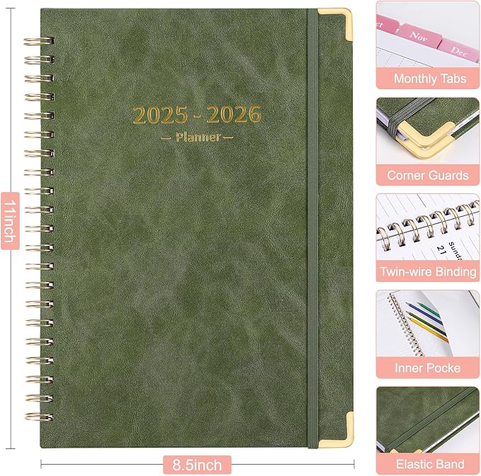 Fetinar 8.5" x 11" Academic Planner 2025-2026: July 2025 - June 2026 |Monthly Weekly Daily Hardcover | Teacher Student School Office Organizer with Tabs & Storage (Green)