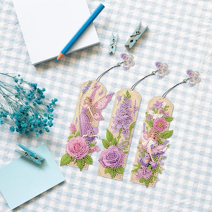 ARTopet 3Pcs DIY Diamond Art Painting Bookmarks with Colorful Butterfly Pendant PET Bookmark Ornament Double Sided Pattern Single Sided Diamond Book Marker Clip Gifts Tags-Flowers06