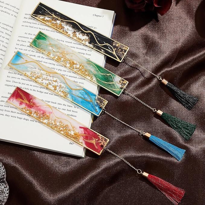Gersoniel 4 Pieces Resin Bookmarks Handmade Resin Gilt Bookmarks with Tassels Presents for Women Kids Students Teachers and Book Lovers School Home Reading(Vibrant Color)