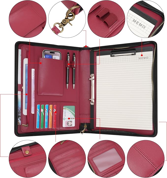 Wason A4 Portfolio with Zipper - Leather PU Padfolio with Detachable Ring Binder and Writing Notepad Holder, Conference File Multi-Pockets Organizer for Office Travel School (Red)