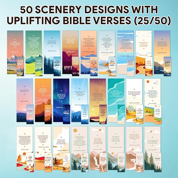 Decorably 100 Pack 2x6.5in Christian Bookmarks for Women and Men - 50 Scenery Designs Double-Sided Inspirational Verse Bible Book Markers - Journals, Bible, and Faithful Reflection
