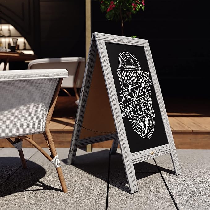 A Frame Chalkboard by HBCY Creations: 40x20 Solid Wood A-Frame Sign Graywash Double-Sided Magnetic Board, Chalkboard Menu Board, for Restaurants, Cafés, Weddings - Heavy Duty Hinges