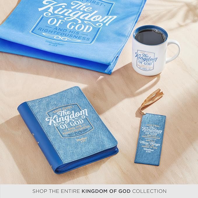 Christian Art Gifts Sparkly Metallic Blue Faux Leather Bookmark for Women: Seek First the Kingdom of God - Matthew 6:33 Inspirational Scripture Bible Verse for Reading Books w/Golden Satin Ribbon
