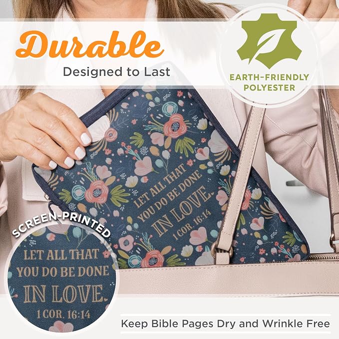 Christian Art Gifts Men/Women's Bible Cover All that You Do 1 Corinthians 16:14, Navy Floral Canvas, Large