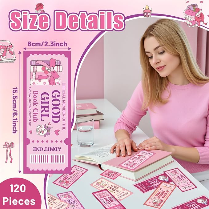 Laffact Pink Bow Reading Bookmarks - 120Pcs Cute Cozy Girl Ticket Style Book Club Gifts, Library Bookish Books Page Marker, Readers Accessories Reading Tracker for Book Lover Bookish Romance Reader