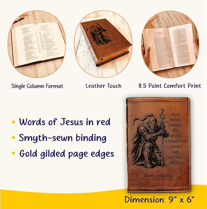 Personalized Bible for Men, NKJV Wide-Margin Bible, Custom Bible Engraved Name, Knight Warrior Design, Christian Gift, Bible Gifts for Him